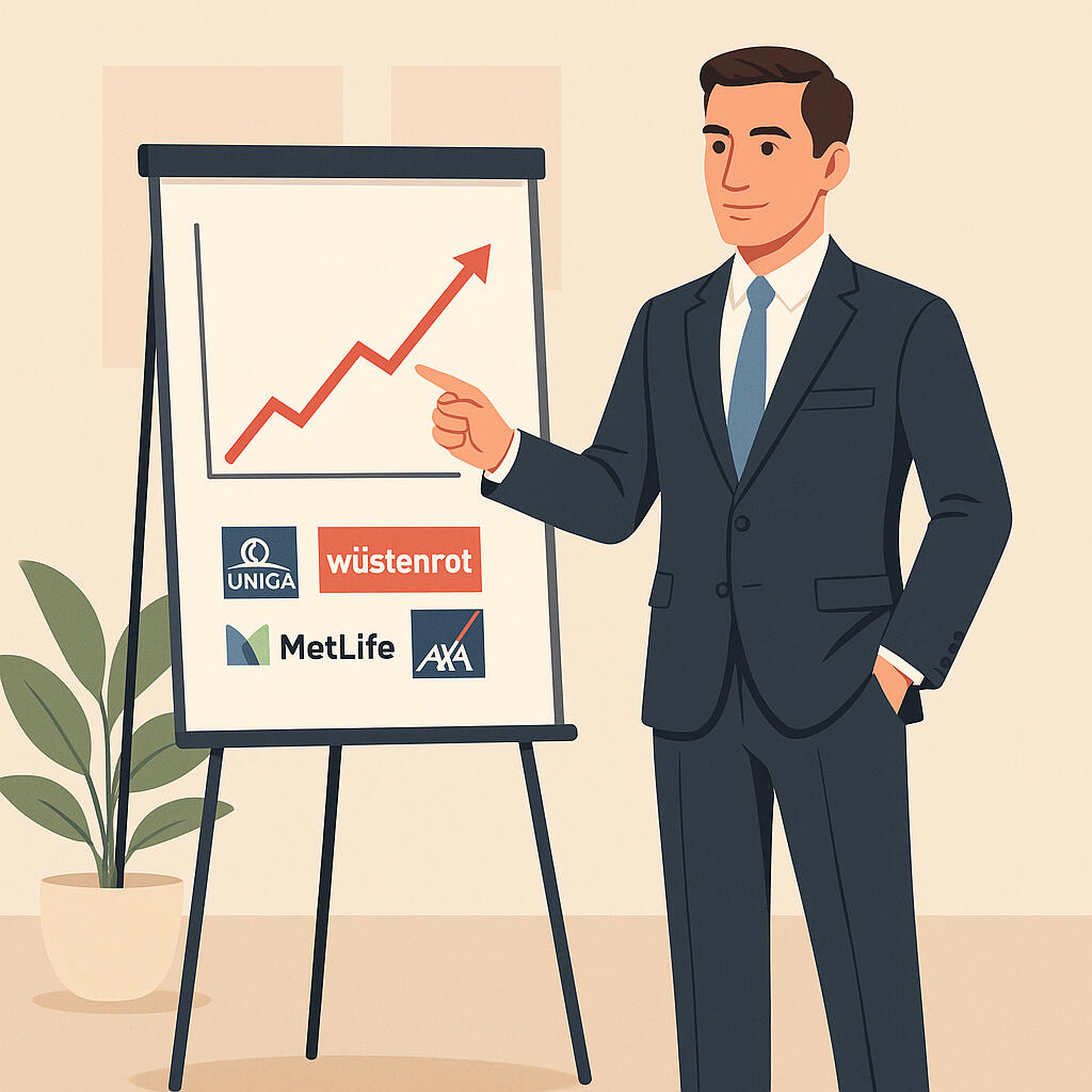 Najlepší obchodný koučing. Animovaný obrázok školiteľa pri tabuli s grafom a logami poisťovien Uniqa, Wustenrot, MetLife a AXA. Najlepší koučing | stanleybahna.sk